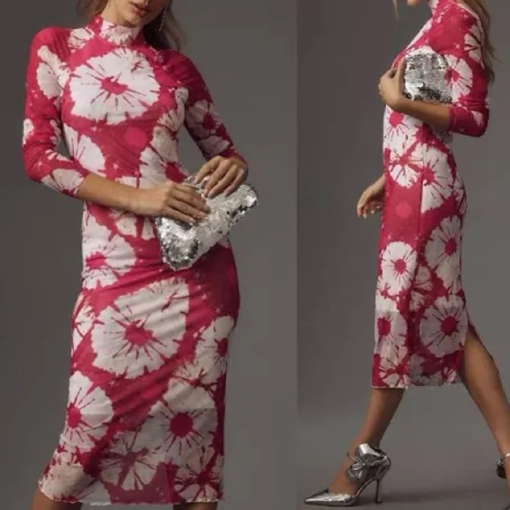 Anthropologie Pink and White Tie-Dye Long Sleeve Midi Dress